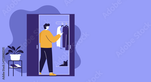 A person thoughtfully choosing clothes from an open wardrobe, representing daily routine, personal style, organization, and lifestyle decisions.