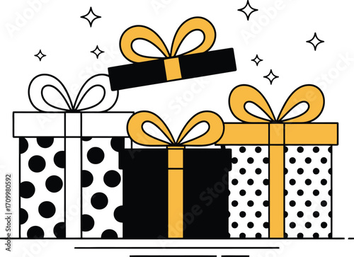 Exciting surprise gift boxes with festive ribbons and sparkling stars