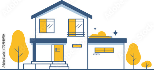Modern residential house with sunny windows and vibrant trees in clean illustration style