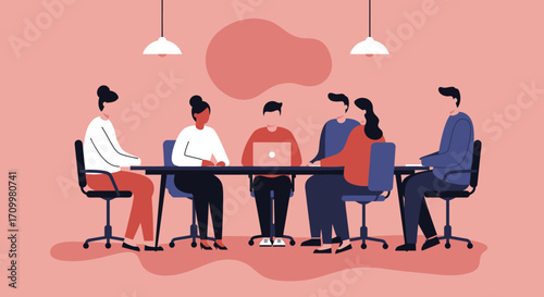 Diverse business team collaborating in a modern office meeting room. Professionals discussing ideas and working together on laptops. Ideal for corporate, teamwork, and innovation concepts.