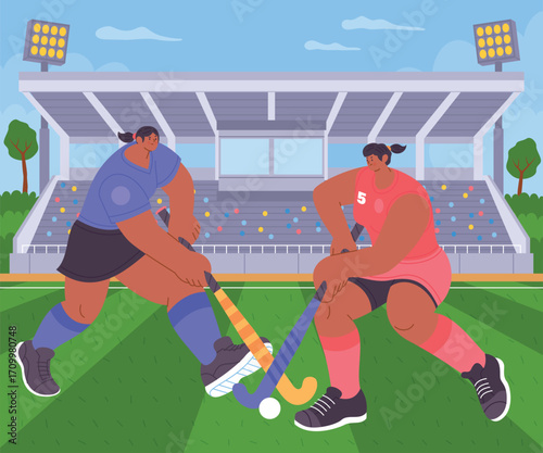 Field Hockey Players and Game on a Green Field Composition