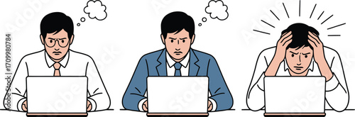 Stressed businessmen struggling with intense work challenges and mental pressure at their desks