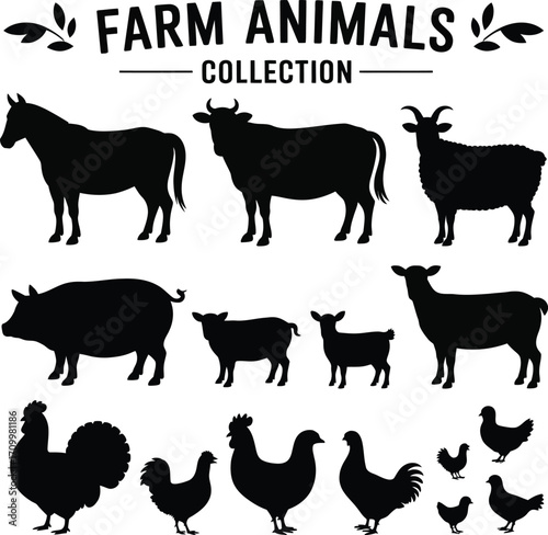 Farm animal silhouette icon set with horse, cow, goat, pig, sheep, rooster, hen, chick, and lamb in black vector style