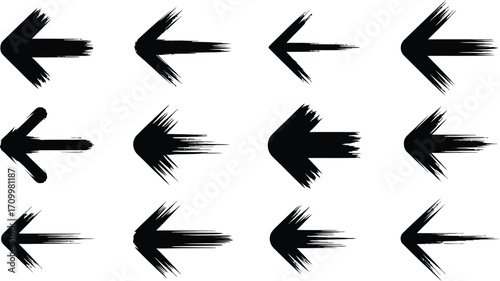 Brushstroke arrow icon set with dynamic textured styles pointing in multiple directions for design, motion, and UI elements
