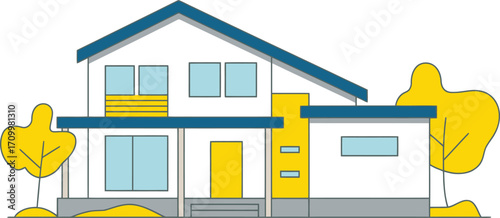 Modern minimalist house design with bright yellow accents and stylized trees