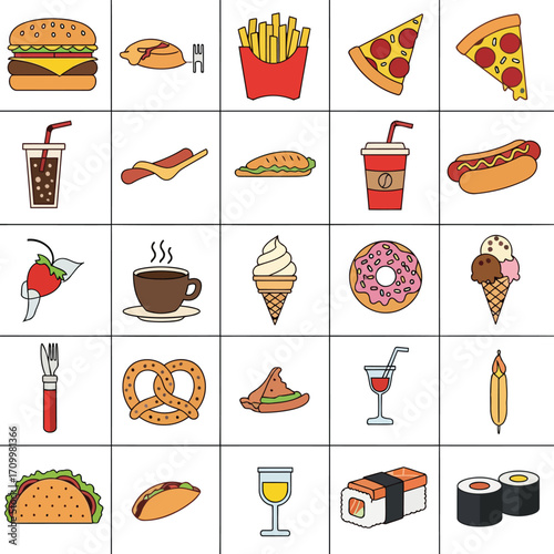 Vector art of a diverse collection of fast food items, showcasing burgers, pizza, hot dogs, and sweet treats