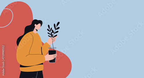 Modern illustration of a woman holding a plant, symbolizing care, growth, and connection to nature. Ideal for wellness, sustainable living, or lifestyle content.