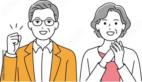 Joyful mature couple celebrating achievement with enthusiastic gestures, radiating positivity and success