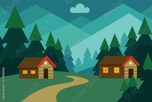 Cozy cabins nestled in a serene mountain forest landscape