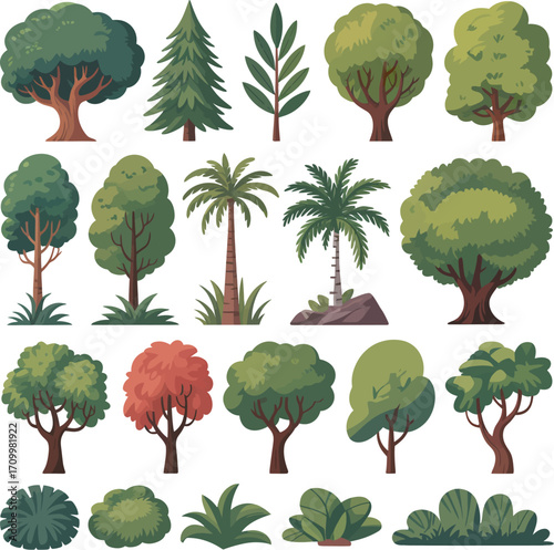 Tree and plant icon set with diverse foliage including broadleaf, conifer, palm, and shrub styles in clean vector silhouette