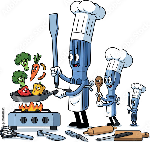 Cartoon screwdrivers dressed as chefs cooking vegetables on a stove