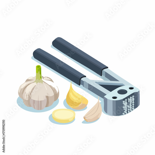 Effortlessly crush garlic with this modern kitchen tool alongside fresh garlic cloves for culinary prep