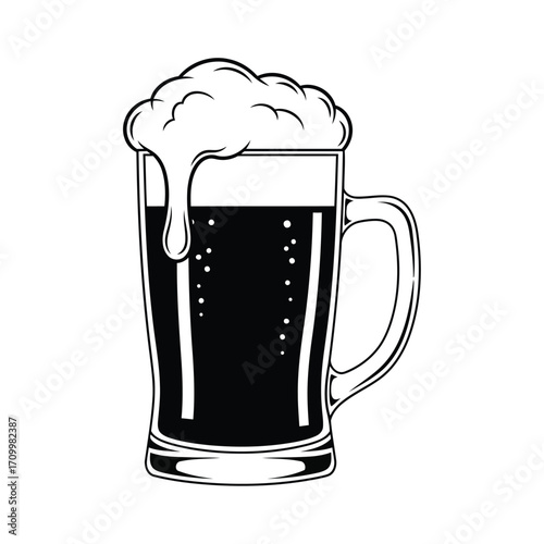 Vector art of a frothy mug of dark beer, perfect for representing breweries, pubs, or the enjoyment of a refreshing alcoholic beverage