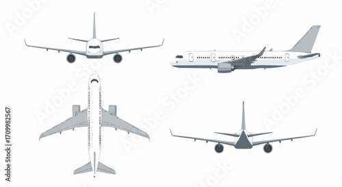 Airplane illustrations set, various views, commercial aviation, travel and transport concept.