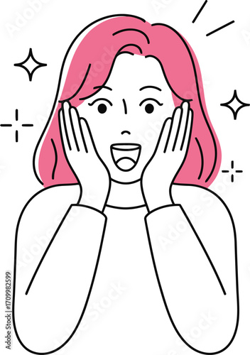 Woman expresses surprise and delight with hands on cheeks, conveying excitement and wonder.