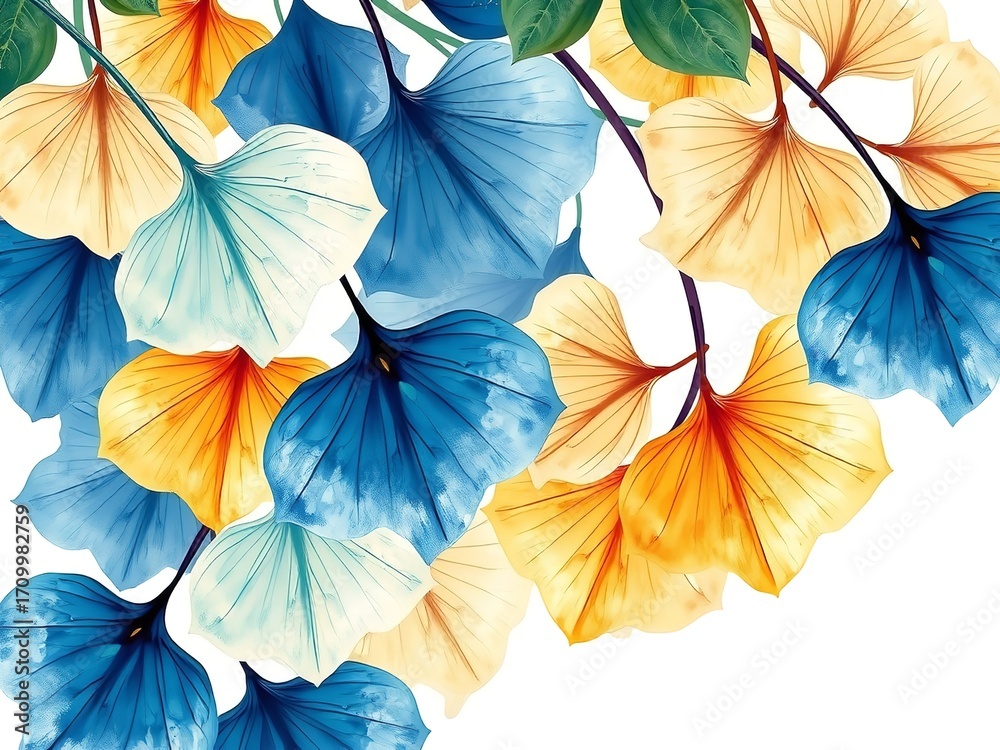 Obraz premium Artistic Display of Watercolor Ginkgo Leaves in Vibrant Blues, Yellows, and White