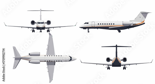 Multiple views of a corporate jet airplane isolated on a white background