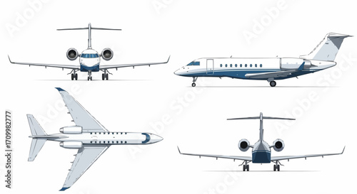 Luxury Business Jet Airplane Illustration Set: Front, Side, Top, and Rear Views