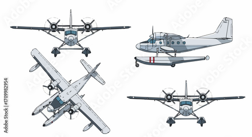 Four Views of a Twin-Engine Seaplane Vector Illustration on White Background