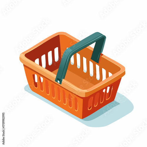 Orange supermarket shopping basket with teal handle, perfect for retail and e-commerce concepts.