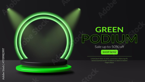Green 3d podium with neon rings and spot lights floating on black background. Realistic vector product sale design with empty stage.