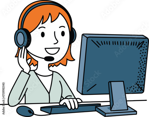 Friendly customer service agent wearing headset happily assists client with computer at desk