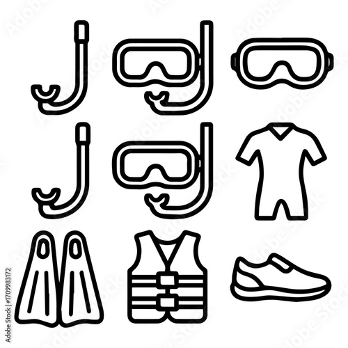 Outlined Aquatic Sports Gear Snorkels Goggles Wetsuit Fins Life Vest and Athletic Shoe.