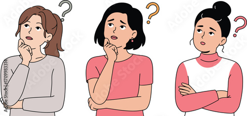 Three women pondering with question marks above their heads, expressing confusion and thoughtfulness in a modern illustration