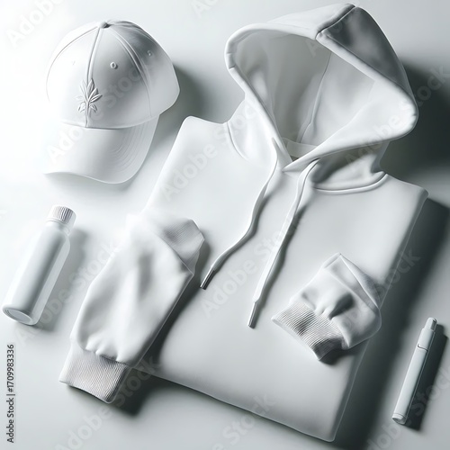 White Hoodie and Cap Set on White Table