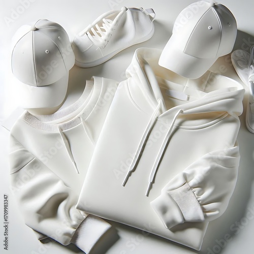 White Hoodie and Cap Set on White Table