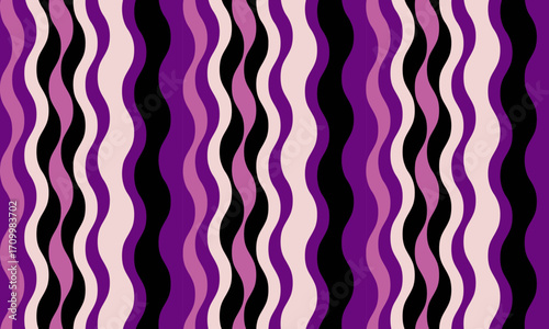 Abstract wavy stripes in purple, pink, and black create a vibrant, retroinspired pattern.  Ideal for textile design, website backgrounds, or any project needing a dynamic, playful aesthetic.