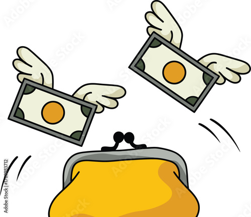 Money flying away from open wallet, symbolizing financial loss or spending spree