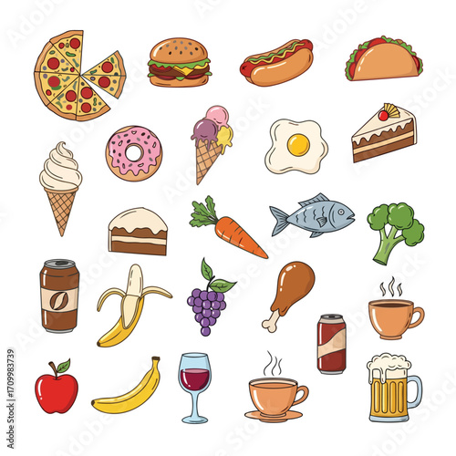 Vector art of colorful assortment of various food items, showcasing a diverse range of culinary delights and dietary options