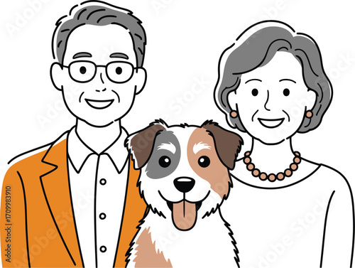 Joyful senior couple and their beloved dog share a happy moment, radiating warmth and companionship.