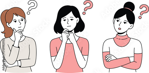 Three women ponder questions with confused expressions and question marks above their heads