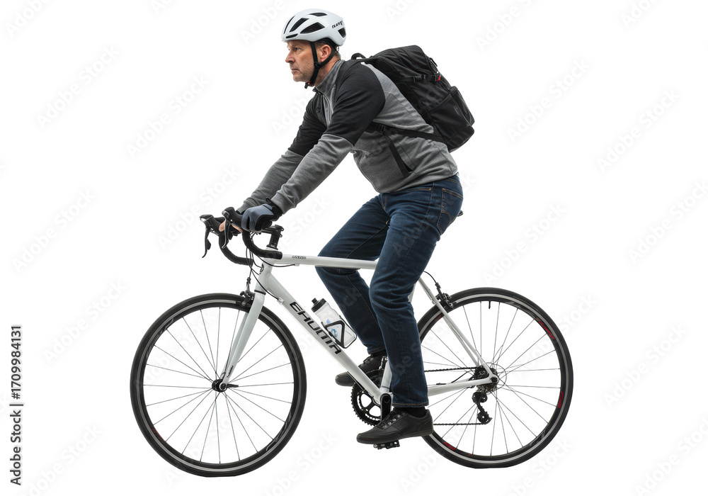 Obraz premium A focused middle-aged caucasian man in a grey athletic jacket and dark jeans actively rides a white road bicycle, black backpack, on a transparent background, concept of active commuting