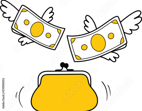 Money flying out of an open purse showing financial loss or spending spree