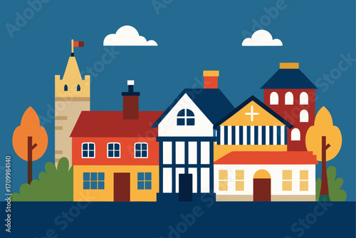 Charming illustration of a colorful village with diverse buildings and trees