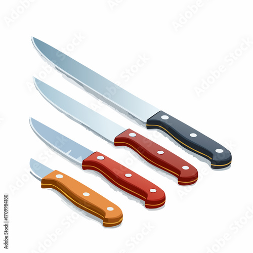 Collection of sharp kitchen knives with varied handles for culinary precision and food preparation