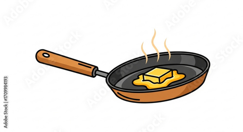 A piece of butter melting in a frying pan cooking concept for breakfast or lunch
