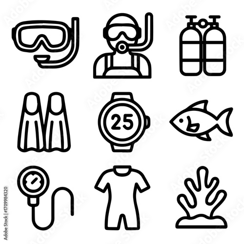 Scuba Diving Gear Icons Mask Diver Tank Fins Watch Fish Gauge Suit Coral.