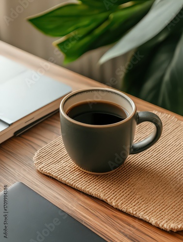 A cozy workspace scene featuring a warm cup of coffee on a textured mat, with a hint of greenery, Ideal for promoting productivity, relaxation, or coffee culture in office or home settings,