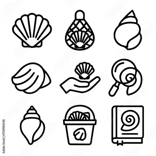 Seashells Collection Outlined Icons of Marine Life and Beachcombing Finds.