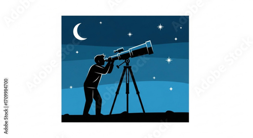 Man astronomer looking through telescope at night with moon and stars vector illustration concept