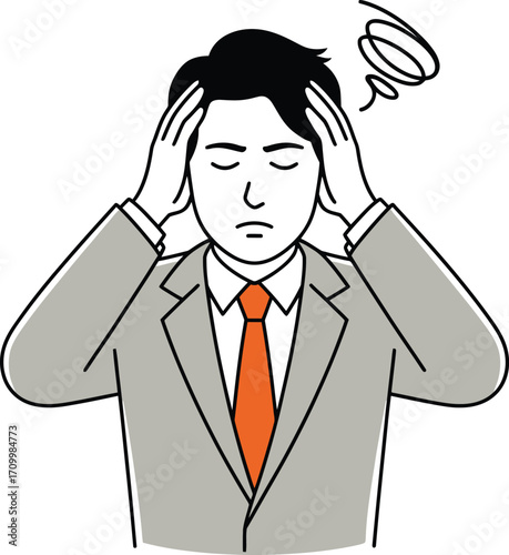 Struggling businessman clutches head in stress, overwhelmed by work deadlines and mental overload