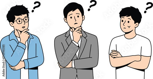 Three diverse men ponder important questions, seeking answers with thoughtful expressions and curious minds.