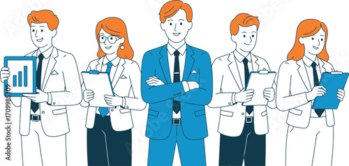 Diverse team of professionals presenting data and reports with confident smiles in a modern office setting