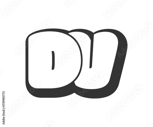 DV logo, bubble comic lettering, rounded in graffiti style black and white silhouette. Trendy preschool D and V letter text for festival party, personal initials, children funky print and web.