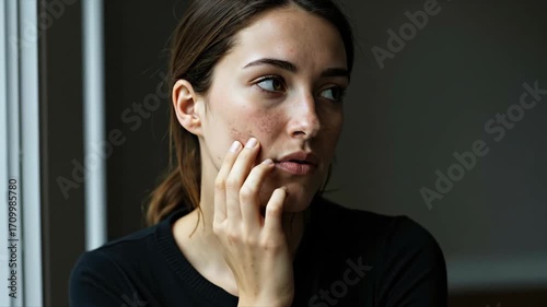 Young woman with problematic skin and acne scars touching her face. Close-up portrait banner with natural light. Skincare, dermatology and cosmetology concept for skin conditions and mental health