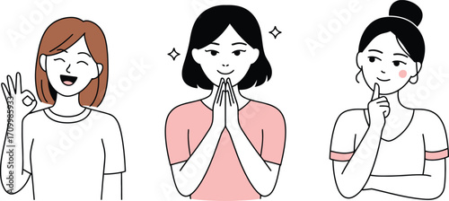 Three expressive women show emotions of agreement, gratitude, and contemplation in simple illustration